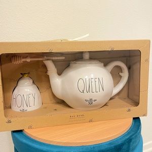 Rae Dunn ceramic tea set teapot honey jar bee